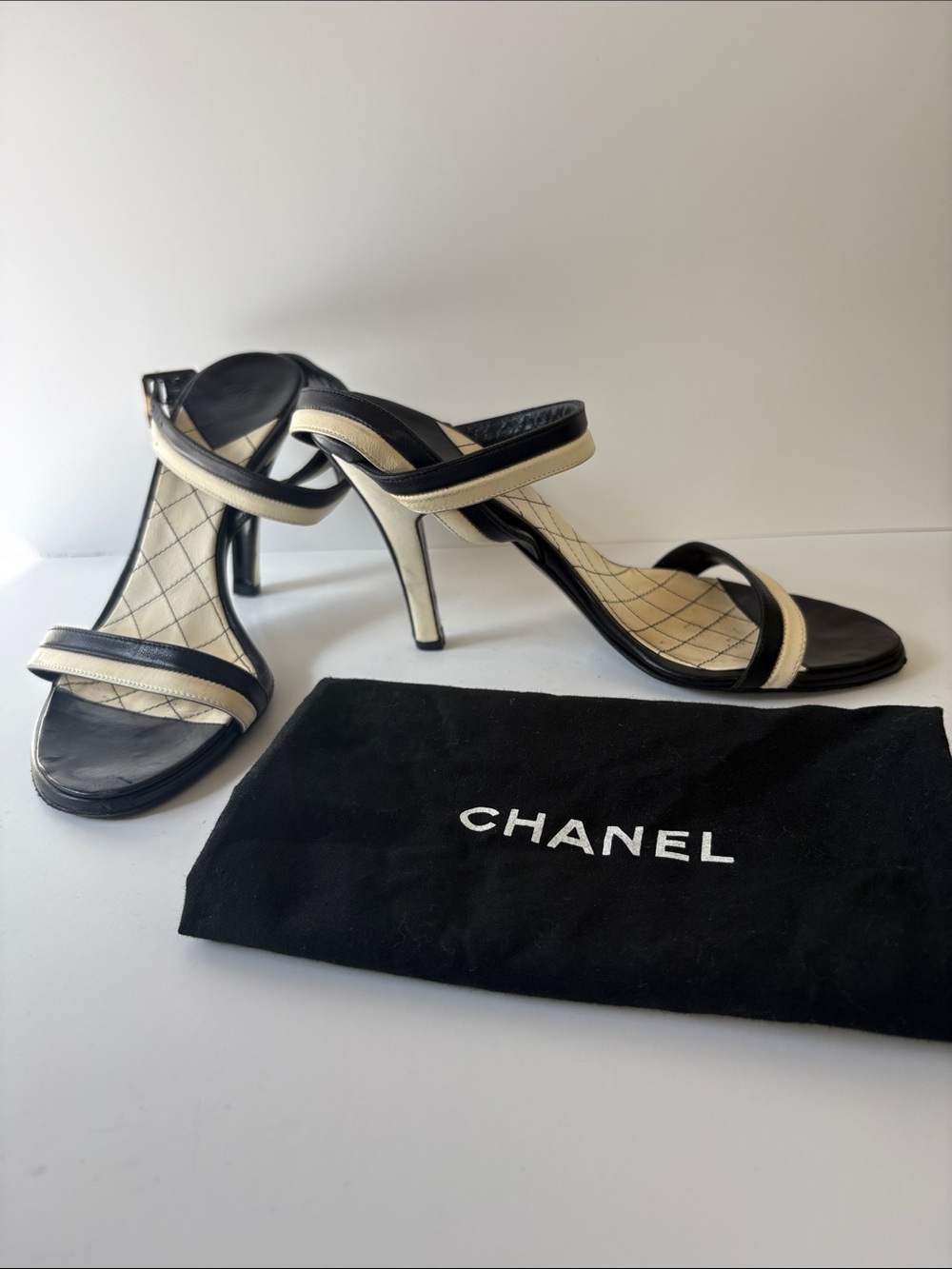 CHANEL Black & Cream Two-Tone Strappy Stiletto Sandals
